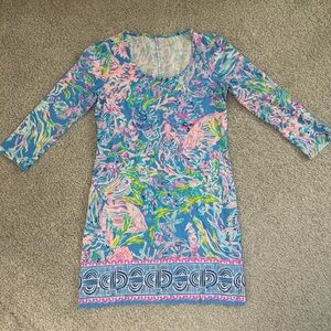 Vibrant Blue Tropical Print Dress with Pink & Green Accents